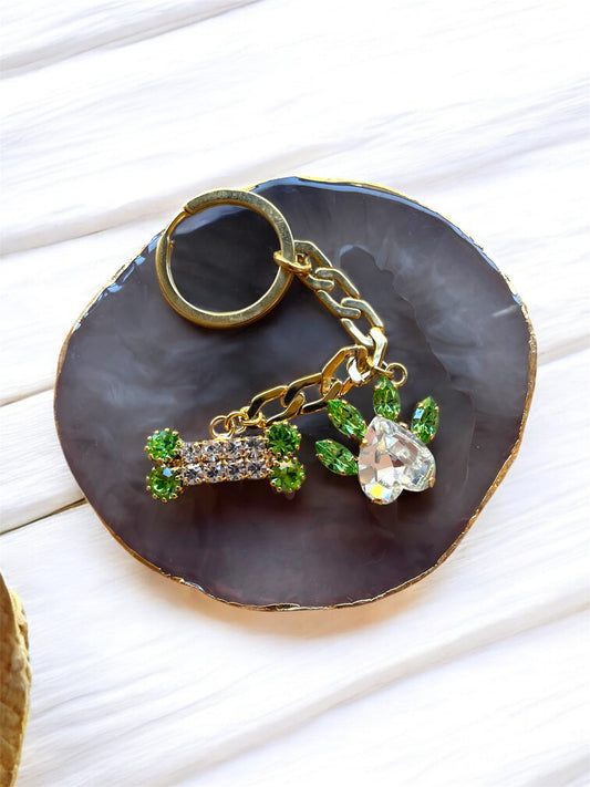 Paw and Bone Keychain Green Gold